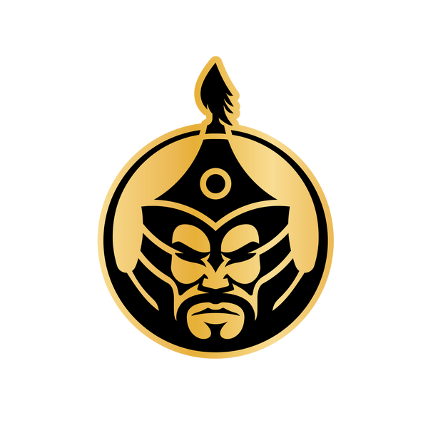 Gold and black emblem with a warrior's face on a white background